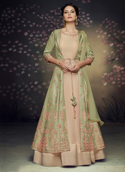 Green net and satin silk jacket style gown anarkali suit 3077